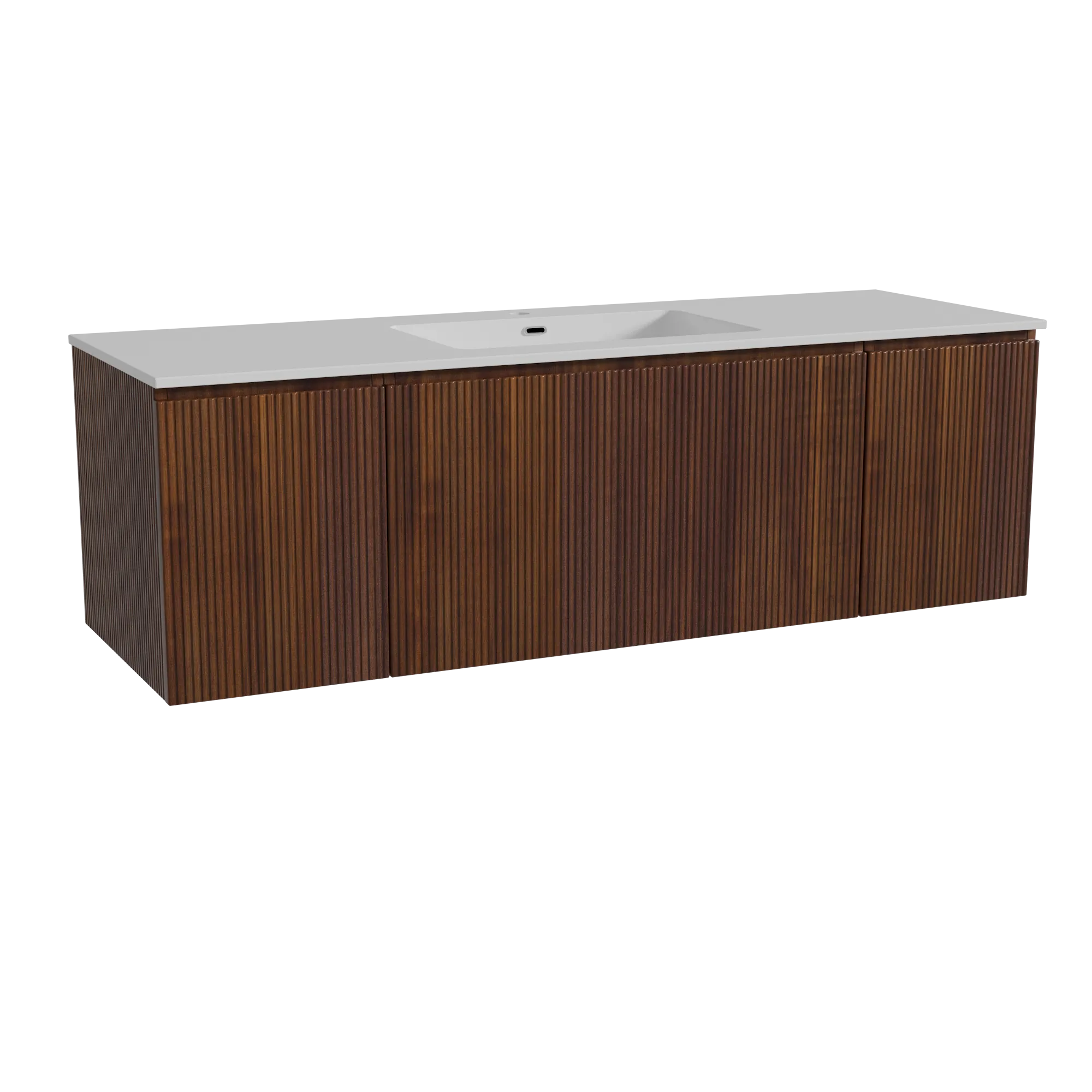 Storke Ribs meuble salle de bains suspendu 155 x 52 cm noyer avec Diva plan simple en marbre composite blanc brillant, Nervure d